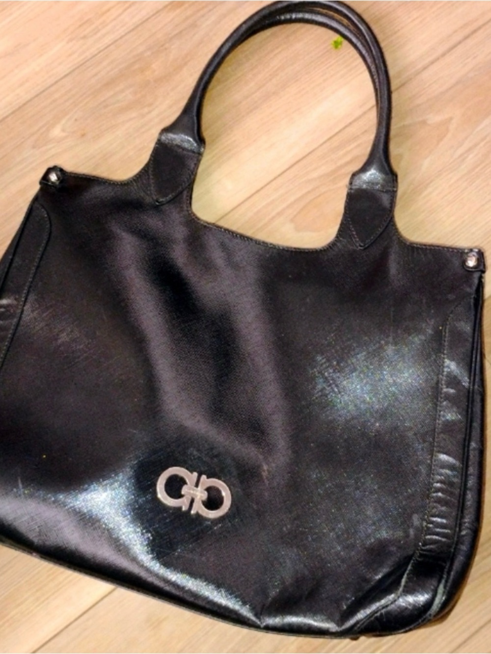 Salvatore Ferragamo Black Shoulder Tote with Silver Logo
